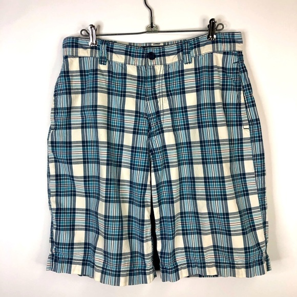 Old Navy Surplus Blue white black plaid long shorts size 32 - Picture 1 of 8
